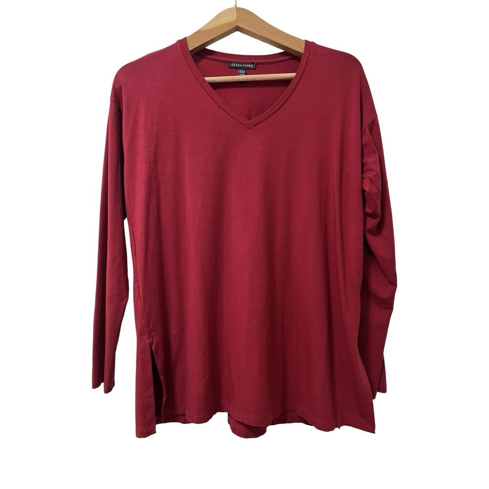 Eileen Fisher V Neck‎ Boxy Long Sleeve Top Size XXS Red Capsule Minimalist